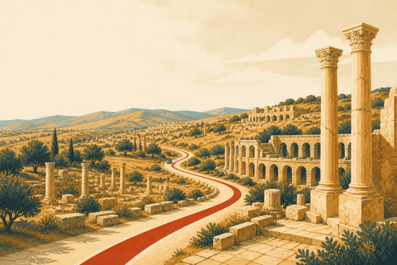 Illustration d'un site romain sur un plateau tunisien : colonnes debout, gradins et collines à l'horizon.