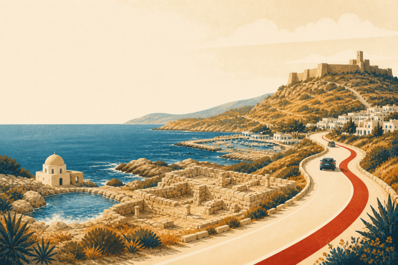 Illustration d'une côte tunisienne découpée, avec une citadelle sur la hauteur et une route qui suit le littoral.
