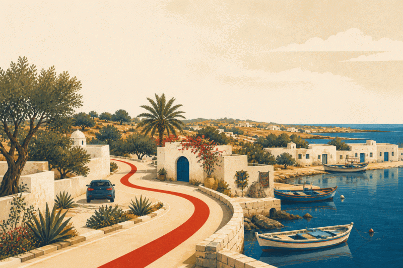 Illustration de Djerba : maisons blanches à coupoles, barques de pêche colorées et lagune calme.