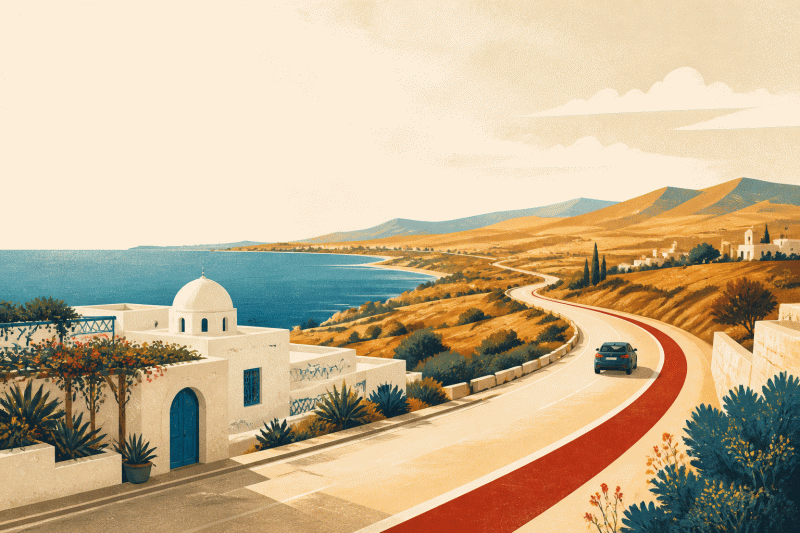 Illustration d'un village côtier tunisien blanc et bleu, avec une route qui s'éloigne vers les collines.