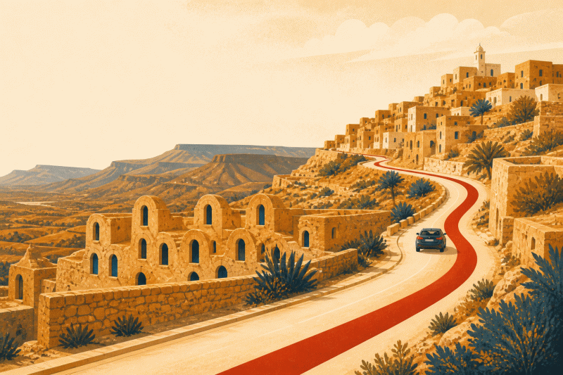 Illustration d'un ksar du Sud-Est tunisien : greniers voûtés empilés en pierre et village accroché à la crête.