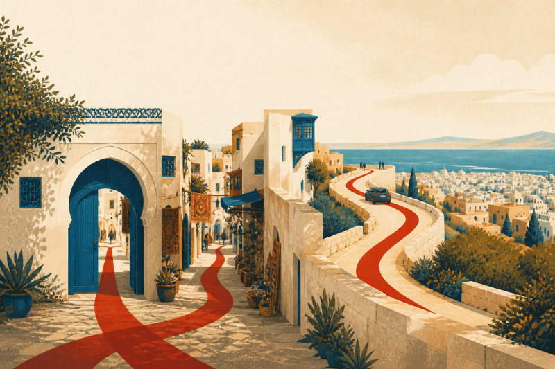 Illustration d'une ruelle de médina aux murs chaulés, avec une porte bleue clouée et la ville en contrebas.