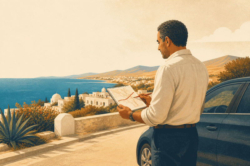 Illustration d'un chauffeur consultant un carnet de route devant son véhicule, face au golfe.