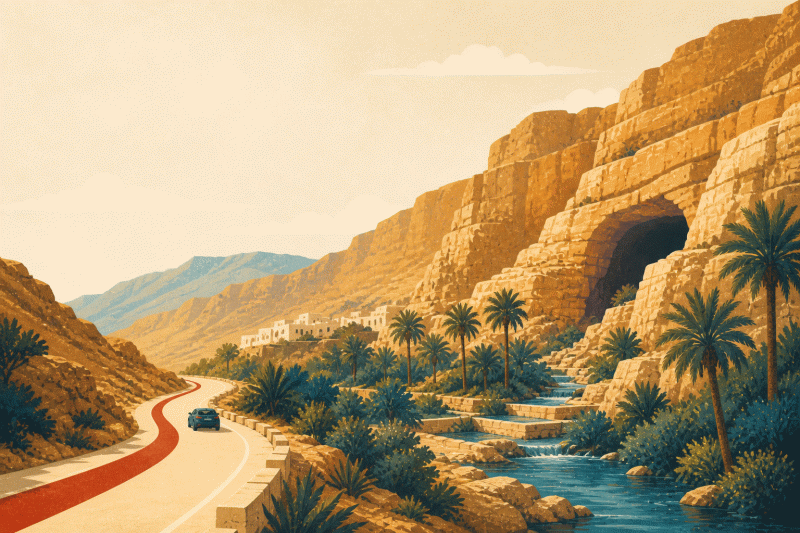 Illustration d'une oasis de montagne tunisienne : falaises ocre, palmiers et filet d'eau au fond du canyon.