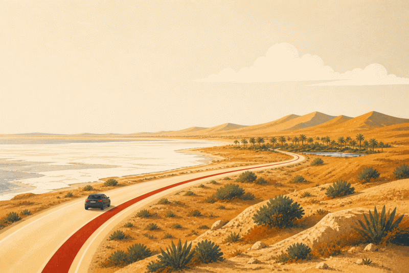 Illustration du Sud tunisien : étendue de sel pâle, dunes basses et route droite vers l'horizon.