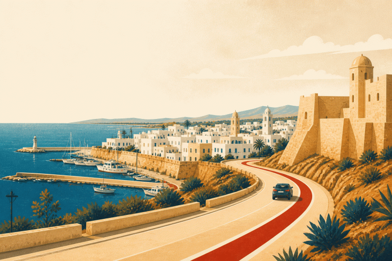 Illustration d'une ville du Sahel tunisien : remparts de pierre ocre, minaret et port de pêche.
