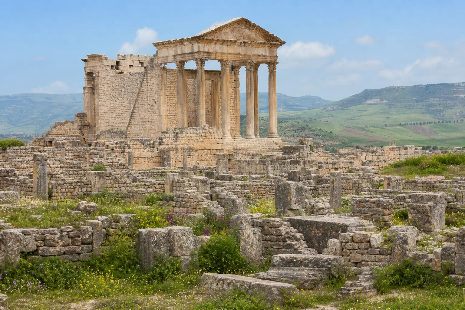 Capitole et vestiges romains de Dougga devant les collines verdoyantes du Nord tunisien.