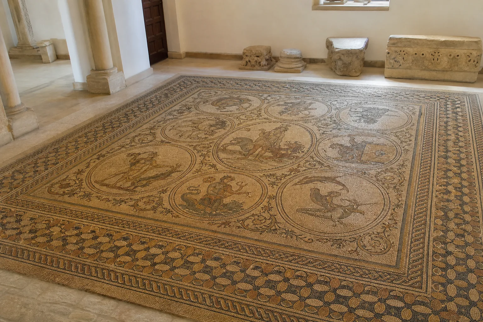 Grande mosaïque romaine conservée au musée archéologique d’El Jem.