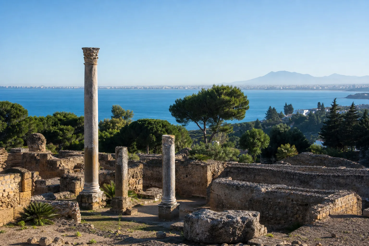 Colonnes et vestiges de Carthage dominant le golfe de Tunis.