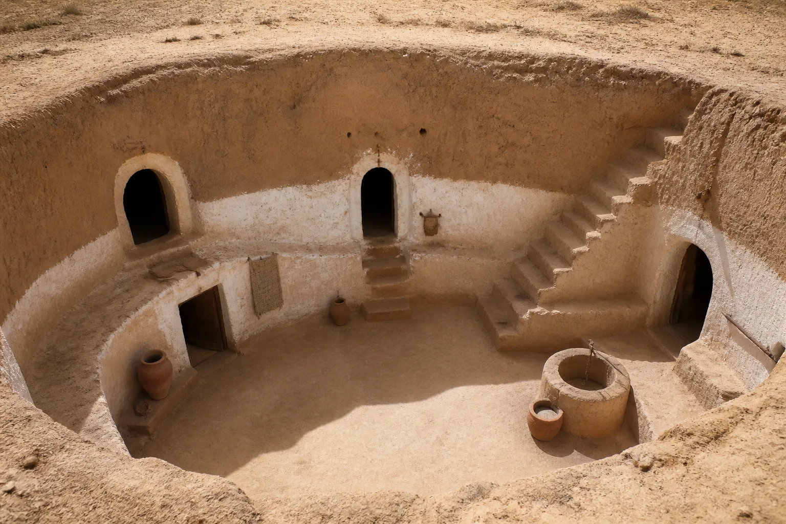 Cour d’une habitation troglodytique traditionnelle à Matmata.