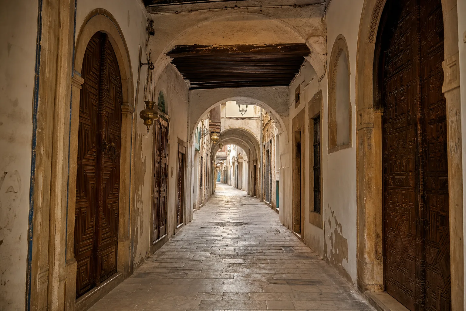 Passage voûté et portes traditionnelles dans la médina de Tunis.