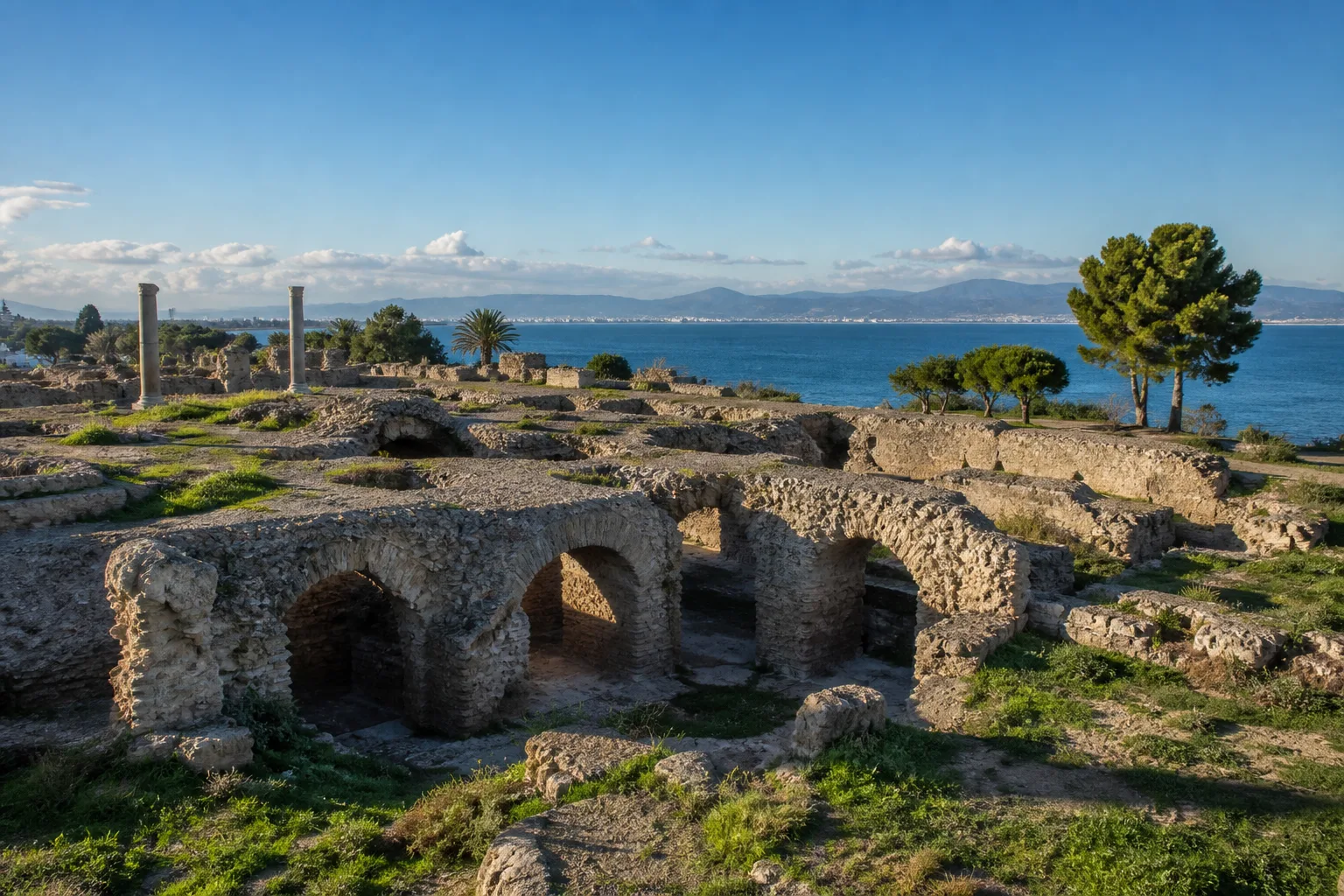 Vestiges des thermes d’Antonin à Carthage devant le golfe de Tunis.