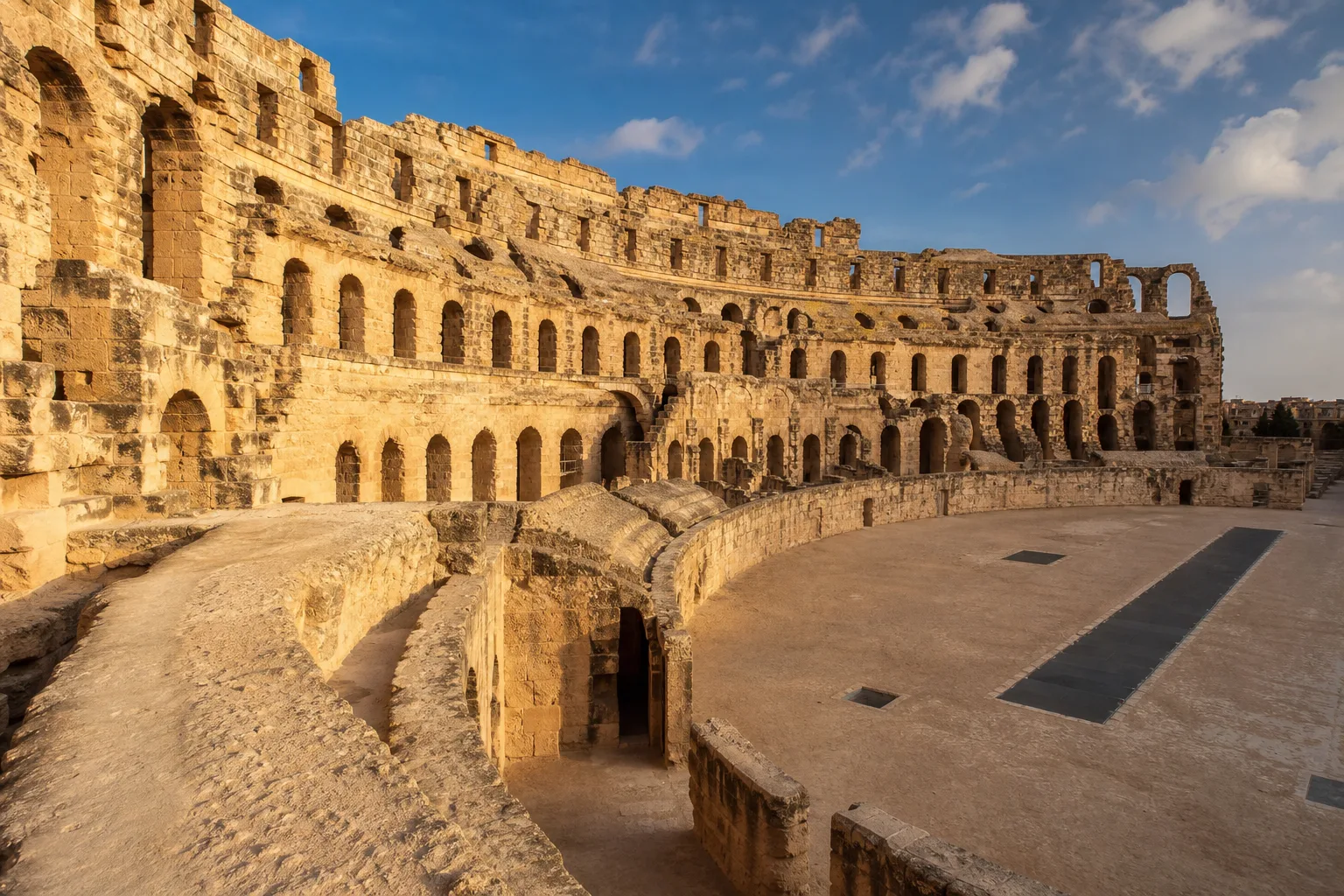 Arcades monumentales de l'amphithéâtre romain d'El Jem baignées de lumière dorée.