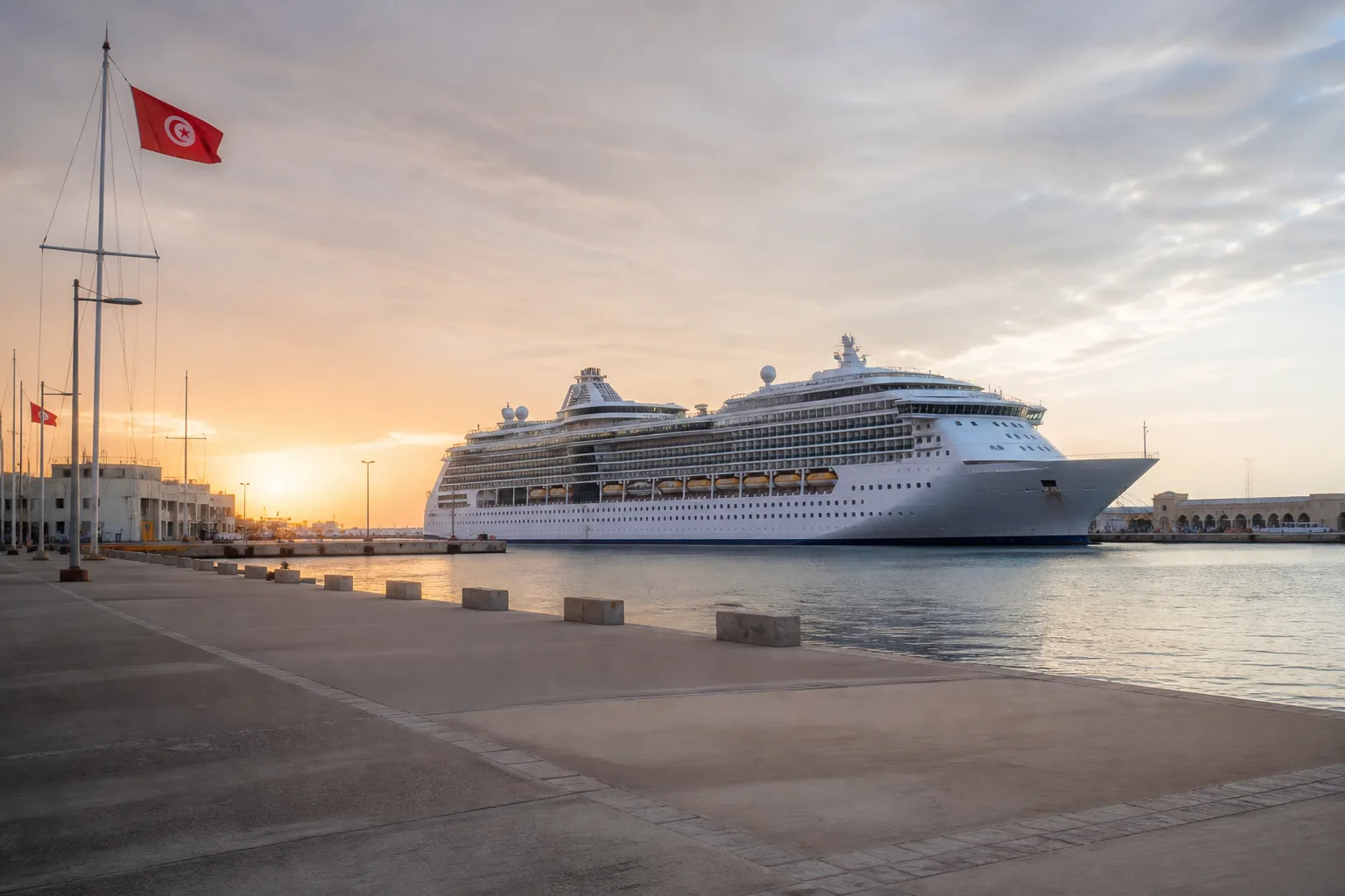 Navire de croisière à quai dans le port de La Goulette au lever du soleil.