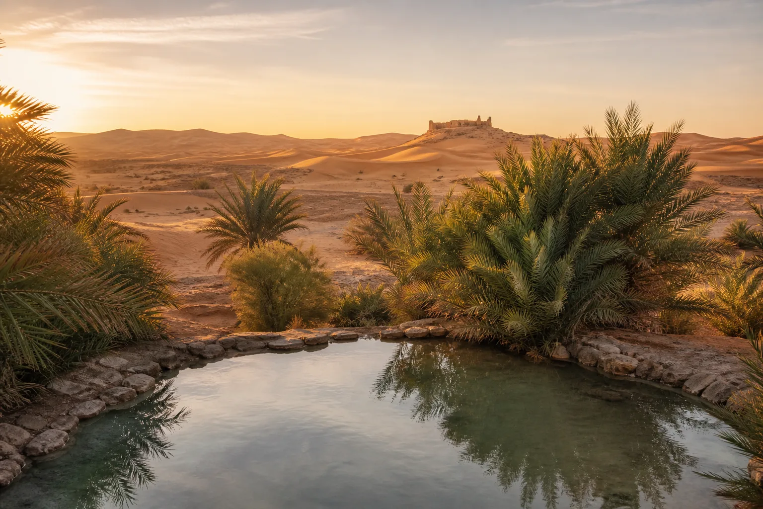 Palmiers et bassin de l'oasis de Ksar Ghilane devant les dunes et le fort romain.