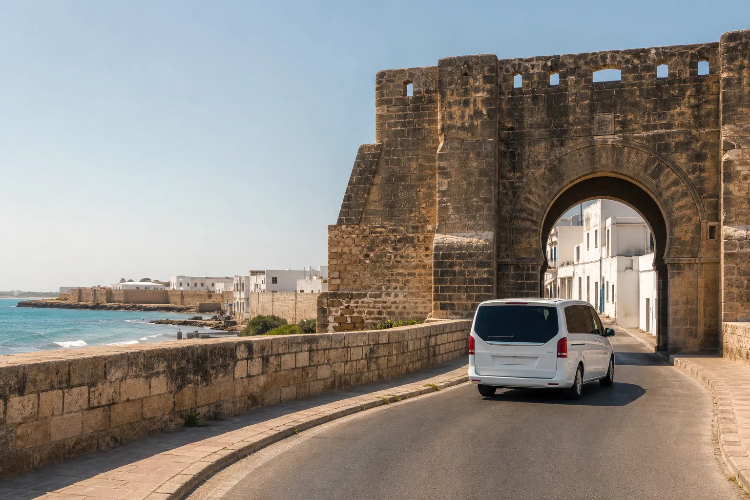Véhicule privé arrivant à Mahdia depuis l’aéroport Enfidha-Hammamet devant la Skifa Kahla.