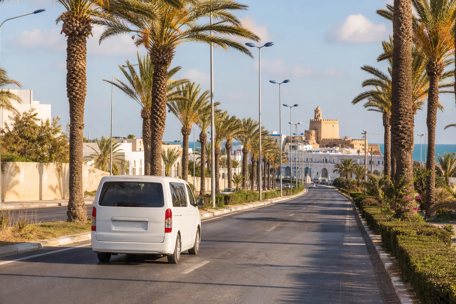 Véhicule privé entrant à Monastir depuis l’aéroport Enfidha-Hammamet par un boulevard bordé de palmiers.