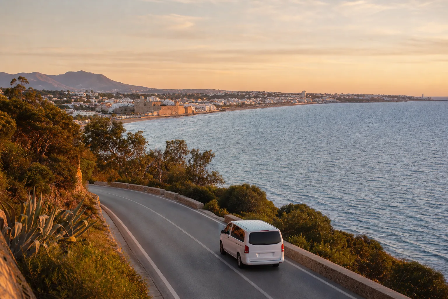 Véhicule privé suivant la route côtière vers Hammamet depuis l’aéroport de Monastir.