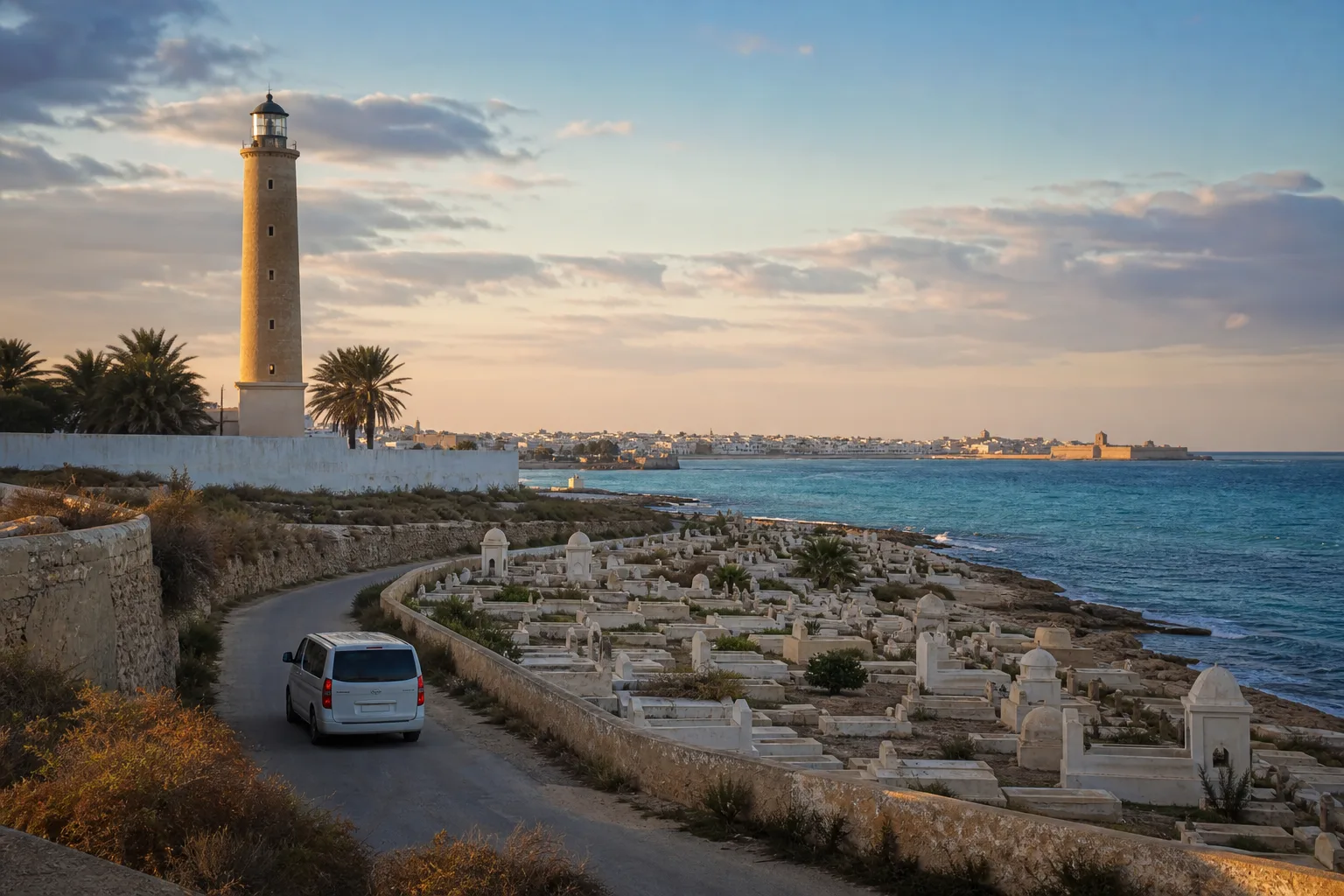 Véhicule privé arrivant à Mahdia depuis l’aéroport de Monastir, près du phare du cap Afrique.
