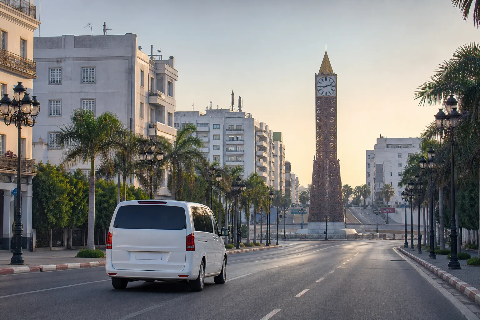 Véhicule privé entrant dans Tunis depuis l’aéroport de Monastir, en direction de la tour de l’horloge.