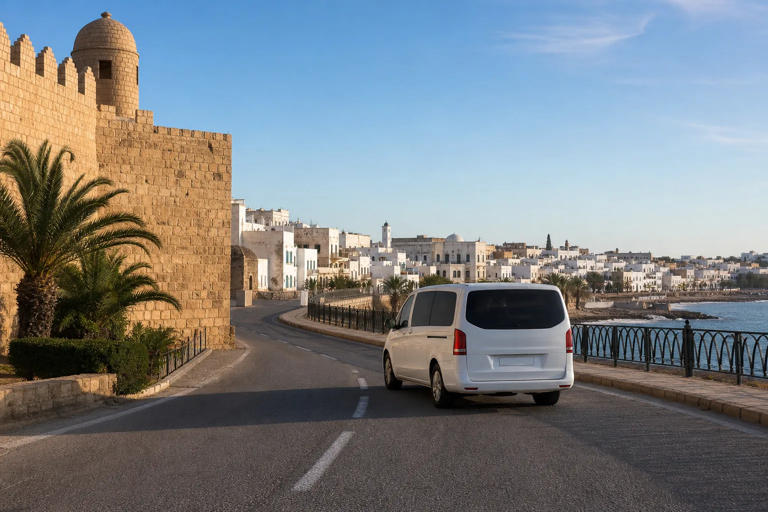 Véhicule privé arrivant à Hammamet depuis l’aéroport Tunis-Carthage, devant la médina et la mer.