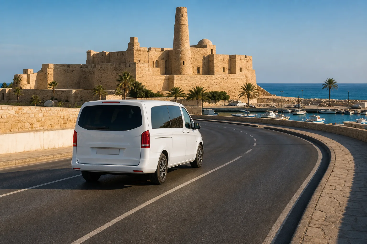 Véhicule privé arrivant à Monastir depuis l’aéroport Tunis-Carthage, devant le ribat et la marina.