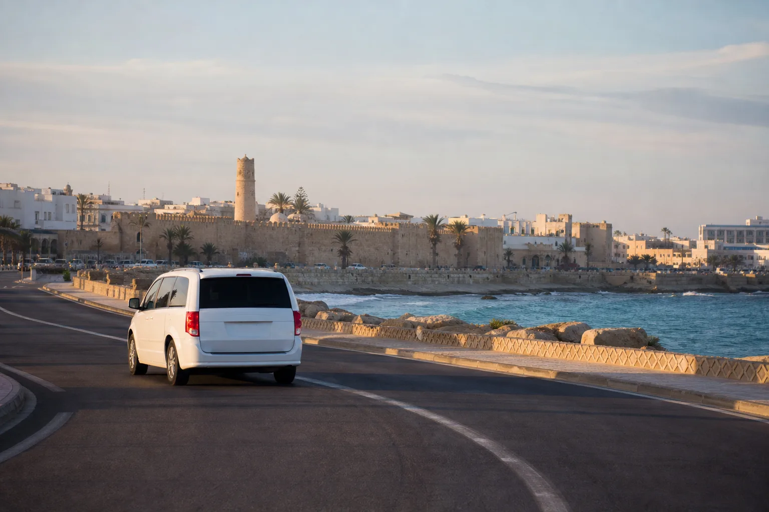 Véhicule privé arrivant à Sousse depuis l’aéroport Tunis-Carthage par le front de mer.
