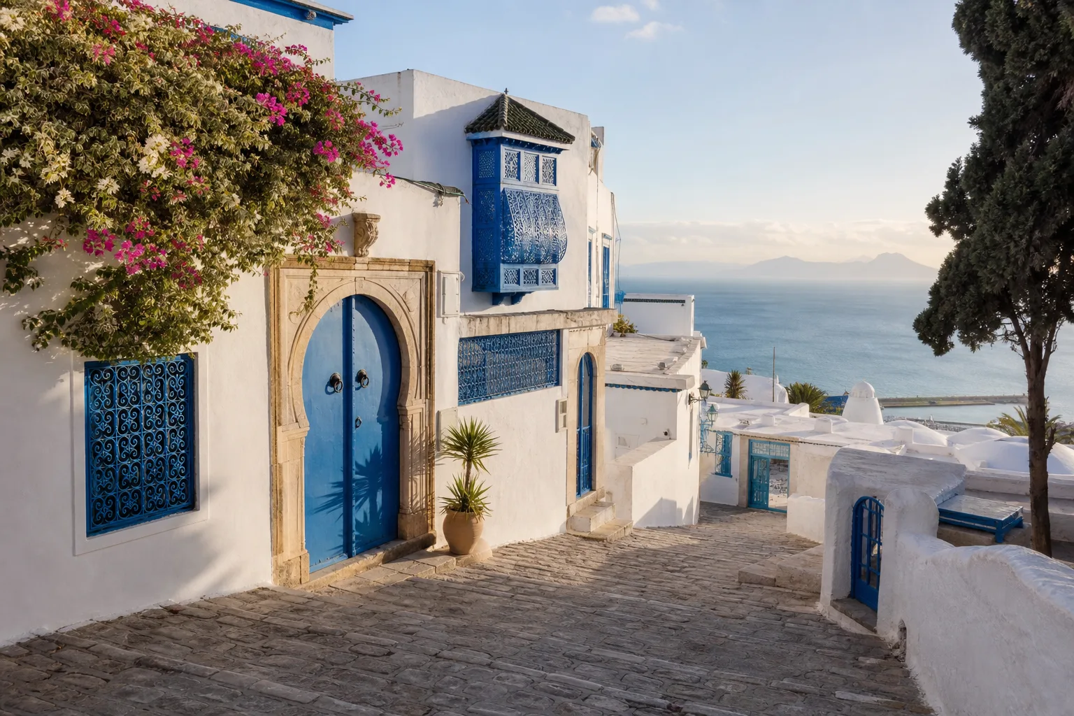 Façades blanches et bleues de Sidi Bou Saïd dominant le golfe de Tunis.